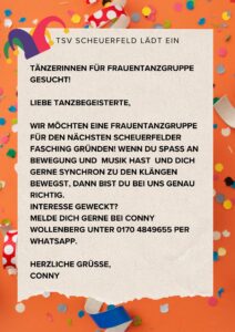 Read more about the article Tänzerinnen für Frauentanzgruppe für den nächsten Scheuerfelder Fasching gesucht!